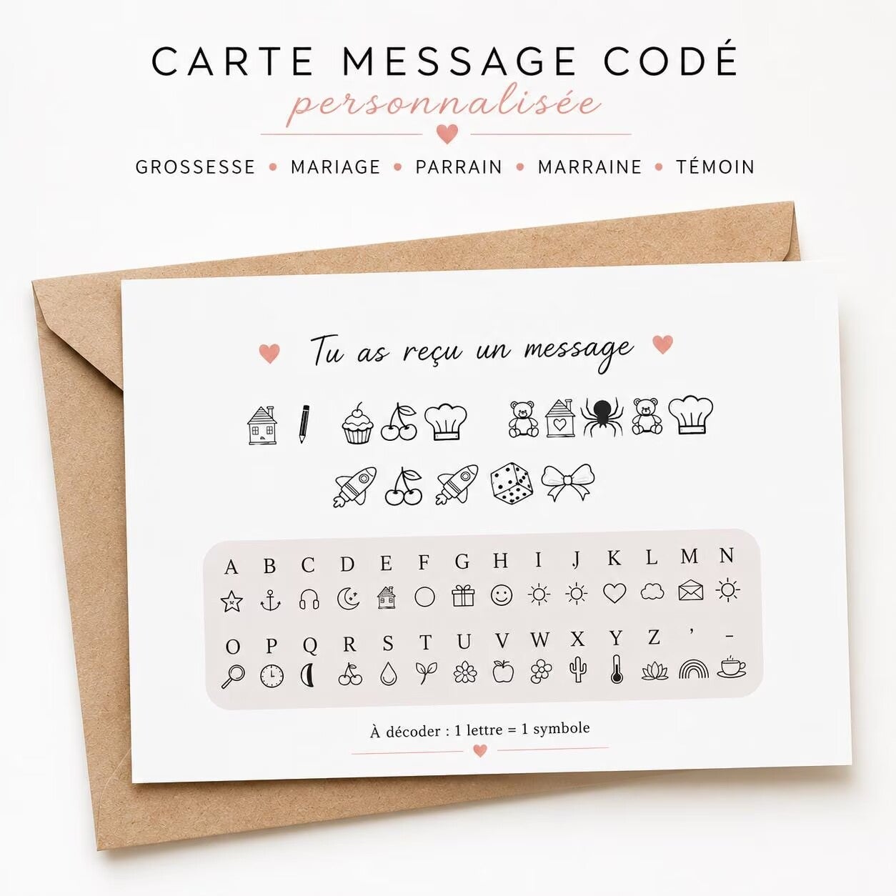 Carte message codé personnalisée pour annoncer une grossesse, un mariage, pour faire une demande spéciale.