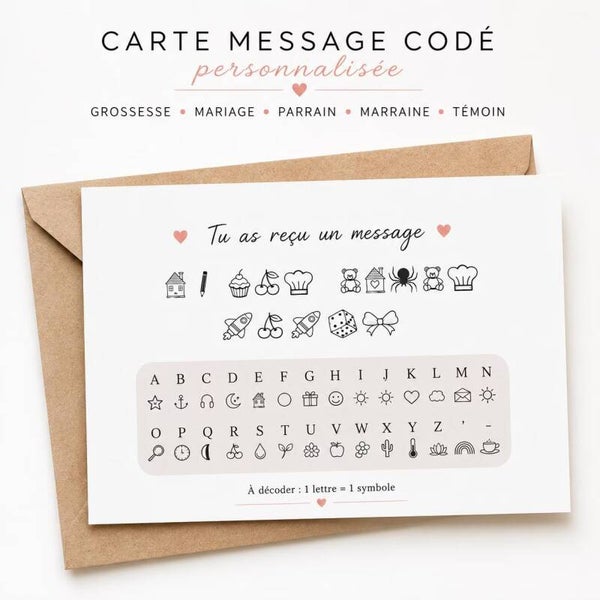 Carte message codé personnalisée pour annoncer une grossesse, un mariage, pour faire une demande spéciale.