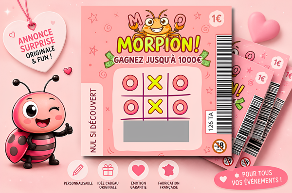 Ticket à gratter personnalisé « Morpion » – Annonce surprise originale | Cadeau personnalisé | Révélation grossesse, mariage, surprise