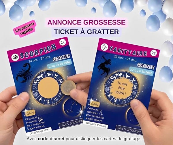 Ticket à gratter annonce surprise grossesse, mariage – Carte à gratter signe astrologique – Carte surprise signe zodiaque – Tu vas être papa