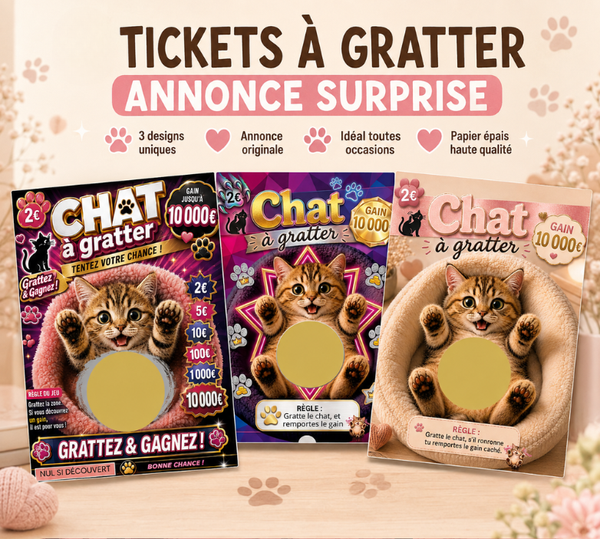 Ticket à gratter "Chat à gratter" - message surprise personnalisé – Annonce grossesse, mariage originale à gratter