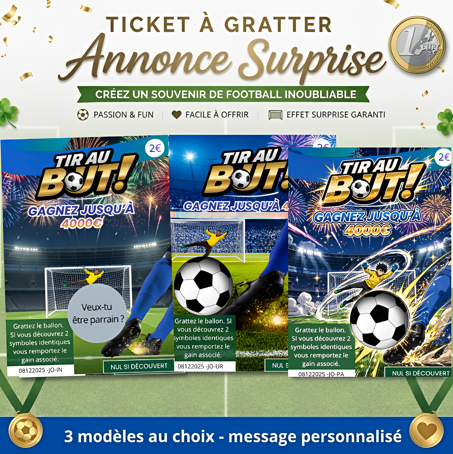 Ticket à gratter message personnalisé Tir au but - carte grattage thème football annonce surprise - ballon de foot à gratter