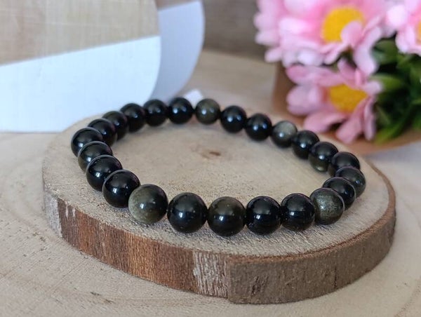 Bracelet en perles naturelles obsidienne doré 8mm A