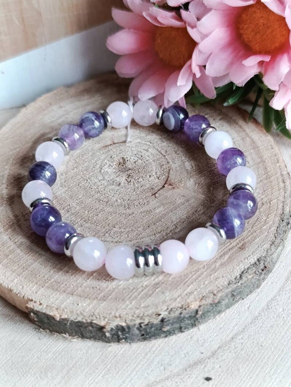 bracelet 8mm quartz rose améthyste