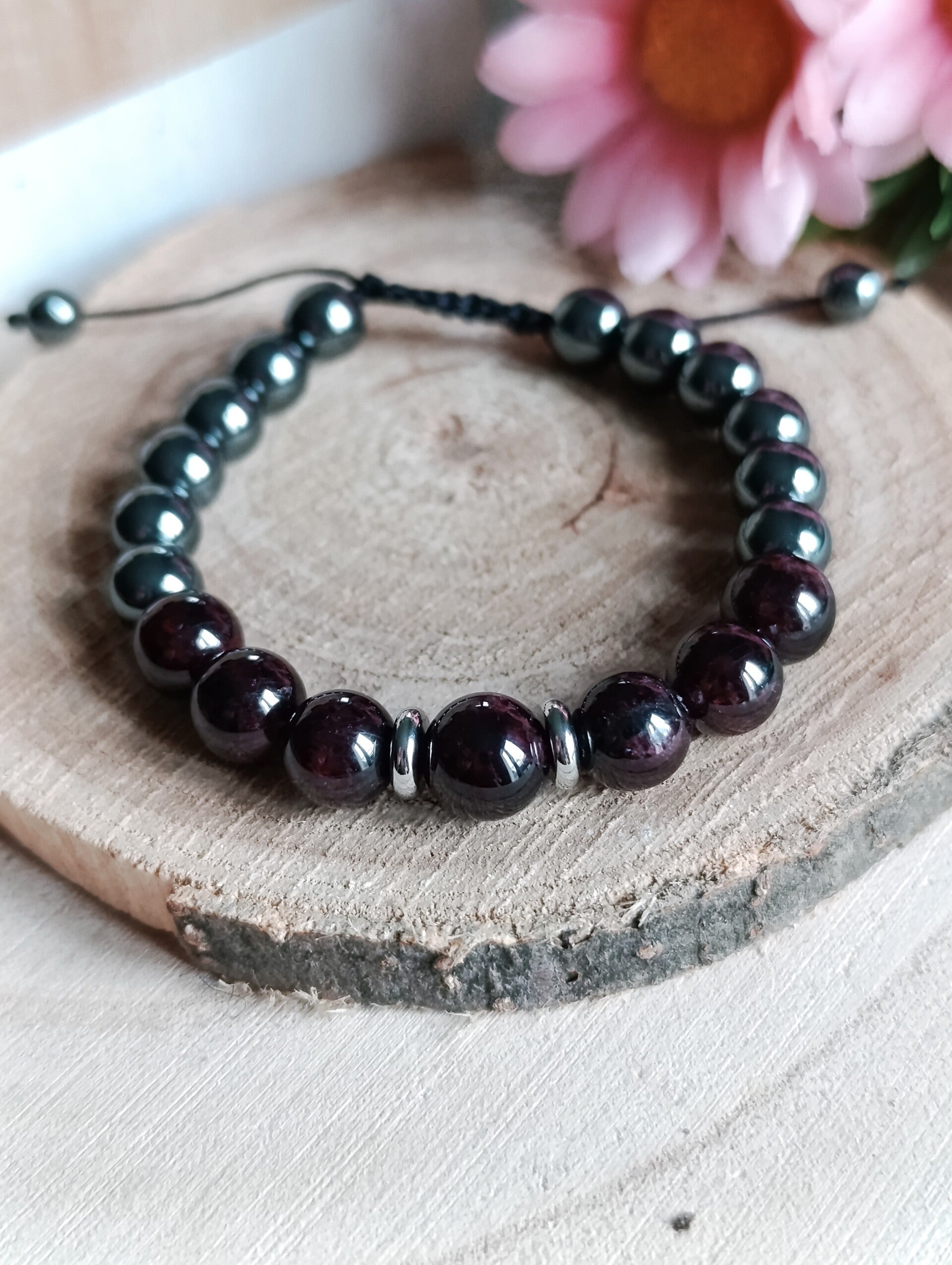 Bracelet 8mm grenat hématite réglable