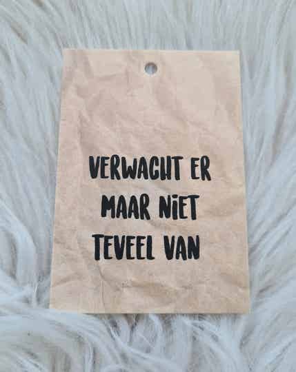 Cadeaulabel | Verwacht er maar niet teveel van - Kraftkleur |  7x10 | Per stuk