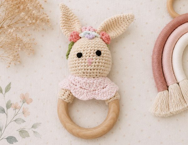 🐰🌸 Hochet lapin fleuri en crochet
