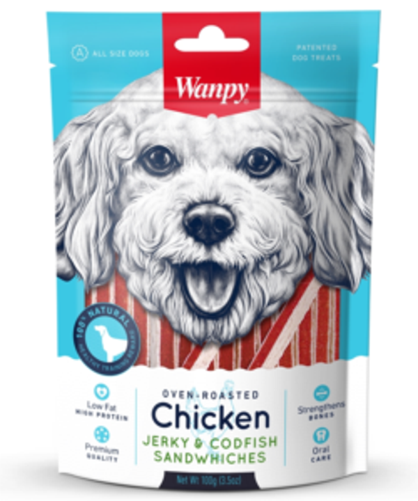 Wanpy Dog Chicken Jerky and Codfish Sandwhiches 100g