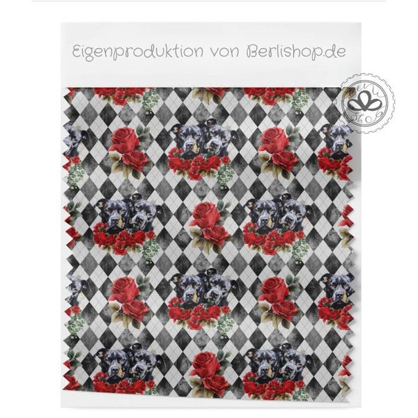 Vorbestellung Rottweiler Hunde Rote Rosen Karos Kleines Muster Stoffarten: French Terry, Baumwolle, Oxford, Jersey, Softshell, Musselin, Panamastoff