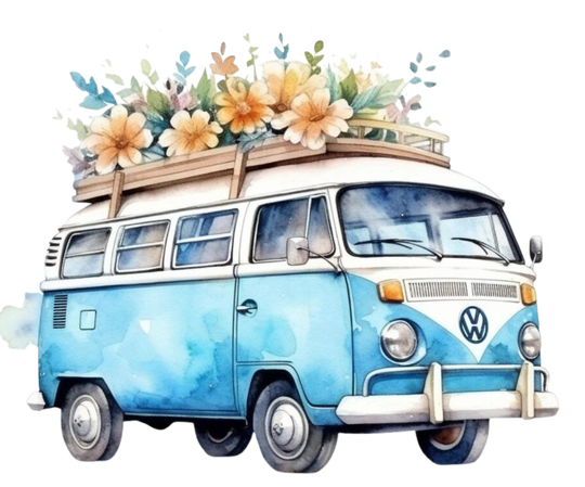 Bügelbild Campingbus Kleinbus Camper Blau Aquarell Bulli  Boho Blumen ca. 14,50x18 cm
