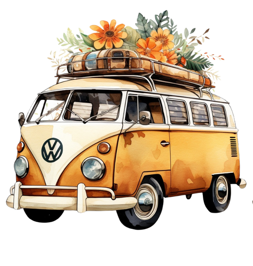 Bügelbild Campingbus Kleinbus Camper Bulli   Gelb / Beige Boho Blumen ca. 12,50x13,5 cm