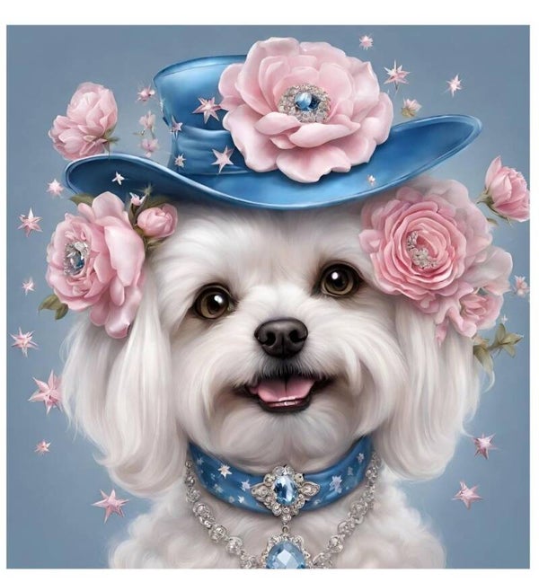 Bügelbild Hunde MalteserDame mit Hut Rosa/Blau  27x24 cm