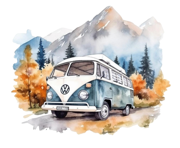 Bügelbild Campingbus Kleinbus Camper Bulli Blau Aquarell Berge ca.10x11 cm