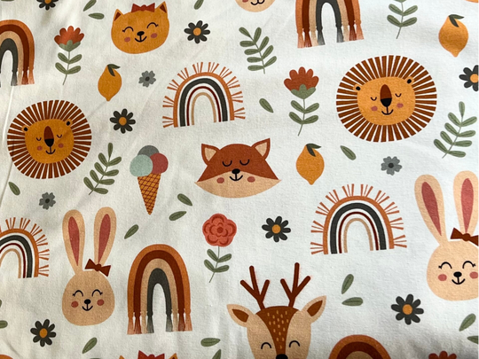 50 cm Jersey Boho Regenbogen Waldtiere Naturfarben Löwe Reh Digitaldruck Meterware