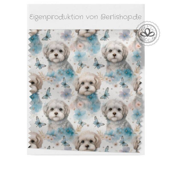 Vorbestellung Malteser Hund Schmetterlinge Blau Aquarell  Stoffarten: French Terry, Baumwolle, Oxford, Jersey, Softshell, Musselin, Panamastoff