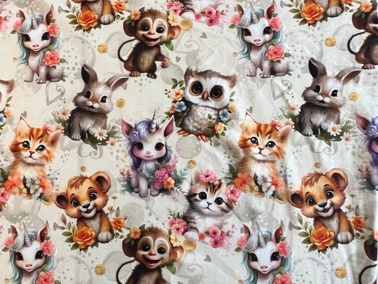 50 cm Jersey Frühling  Cute Animals Einhorn Eule Katze Kleiderstoff Meterware