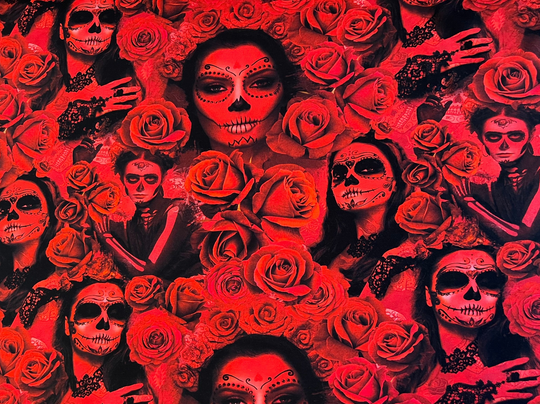 Jersey Digitaldruck Red / Black La Catrina Muerte Skulls Rosen Meterware