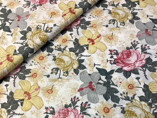 50 cm Baumwollstoff 100% Baumwolle Frühlingsblummen Rosa/Gelb Patchwork Meterware