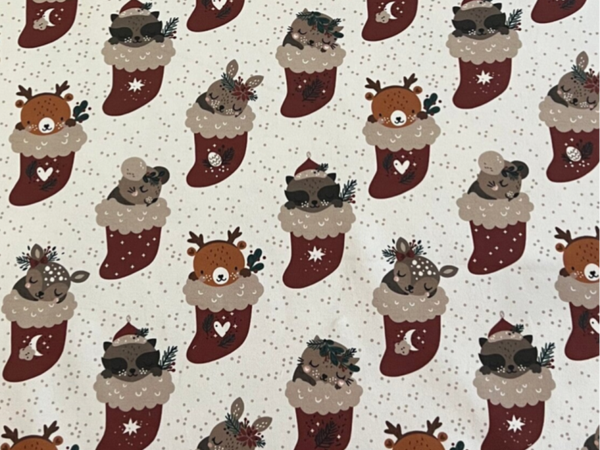 50 cm Sommersweat - French Terry Weihnachten Waldtiere in Nicolaus Stieffeln Reh Bär Rot Beige  Meterware  Premium