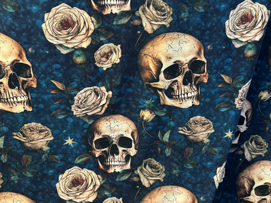 Jersey Skulls Retro mit Blumen Rosen Blau / Beige Meterware
