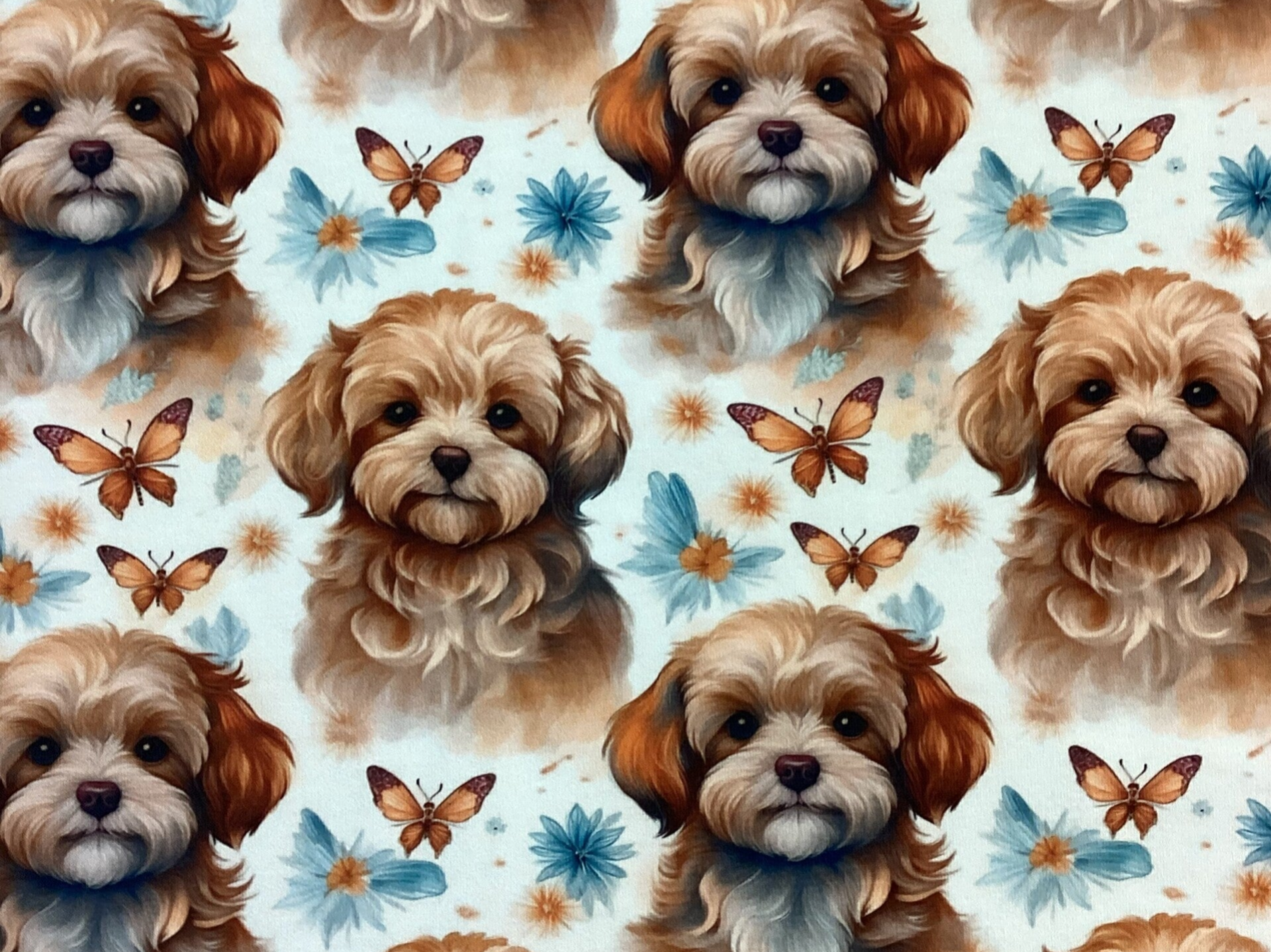 Auf Lager Malteser Maltipo Hunde Schmetterlinge Beige Aquarelle French Terry Meterware Eigenproduktion