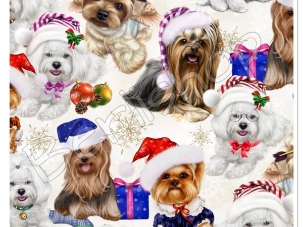 Weihnachten süße Hunde mit Mütze Yorkshire Terrier Malteser Sommersweat  FRENCH TERRY Meterware Exclusiv