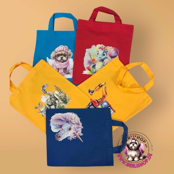 Kleine Baumwolletasche Drugstore Bag Kindergarten Tasche mit DTF Bildern Bagger Hunde Einhorn für Kinder / Erwachsene