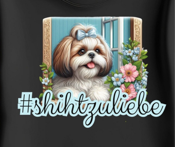 Bügelbild Hunde Süßer Shih Tzu im Fenster Blau mit Schriftzug #schihtzuliebe  ca. 13x18 cm