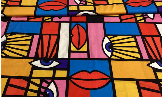 Jersey Digital Druck Regenbogen Farb Mix Abstrakt Art Deco Gesicht Augen Mund 50x180 cm