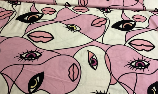 Jersey Digital Druck Abstrakt Art Deco Gesicht Augen Mund Rosa 50x180 cm