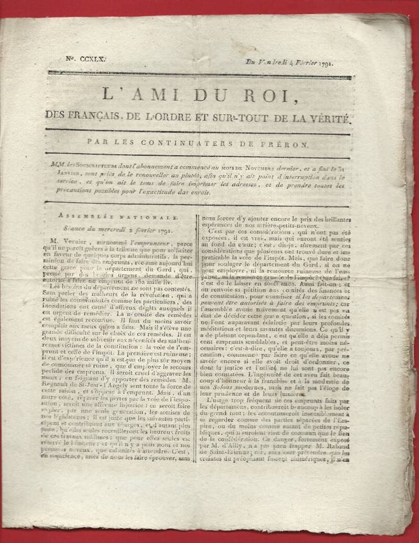 1791 Révolution journal . L'AMI DU ROI, DES FRANÇAIS, DE L'ORDRE ET SUR-TOUT DE LA VÉRITÉ
