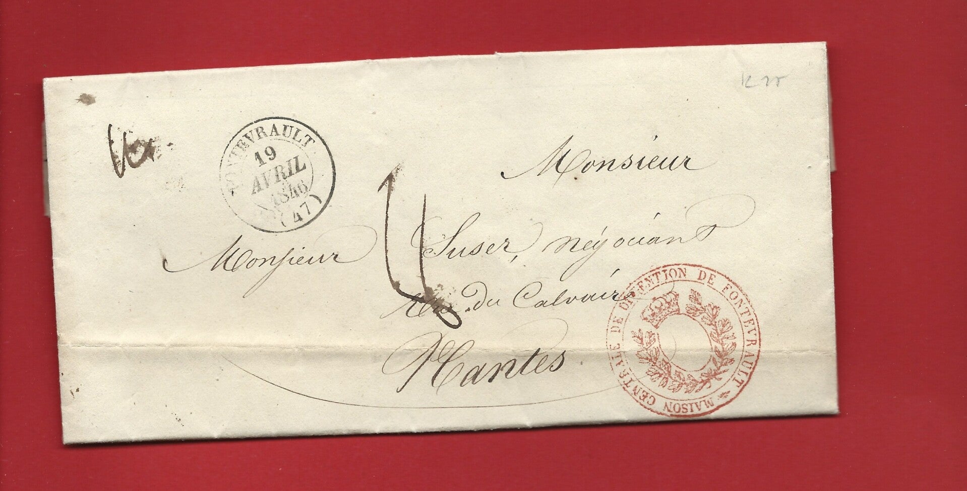 1846 LETTRE MAISON CENTRALE DE DÉTENTION DE FONTEVRAULT MAINE ET LOIRE