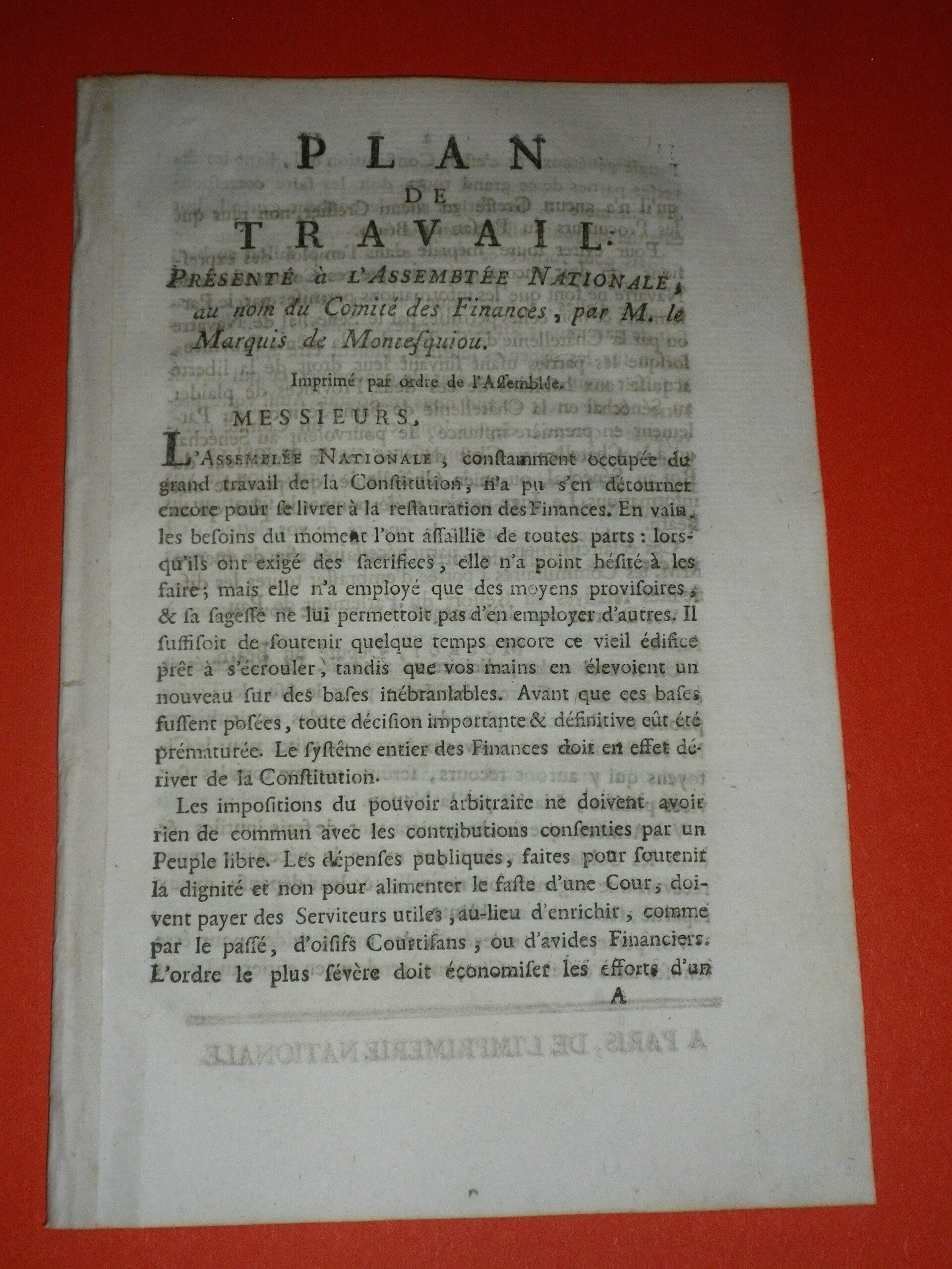 Marquis de Montesquiou — Plan de Travail du Comité des Finances (1789-1790) , Assemblée Nationale révolution