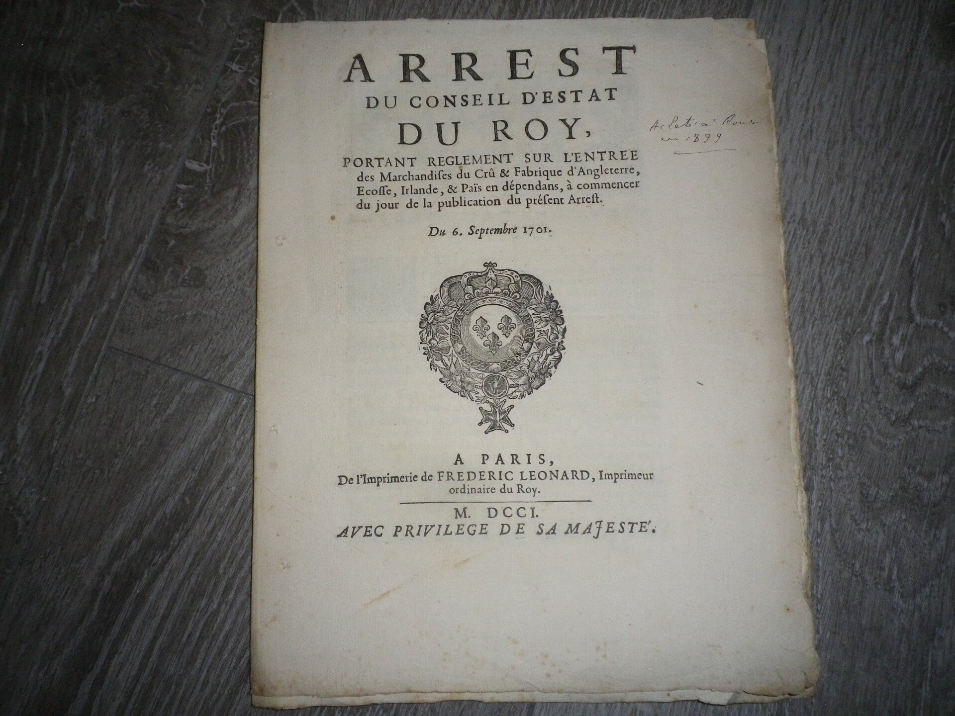 1701 Arrêt du Conseil d'État du Roy – Réglementation du commerce avec l’Angleterre – Économie, Protectionnisme & Droits de Douane sous Louis XIV