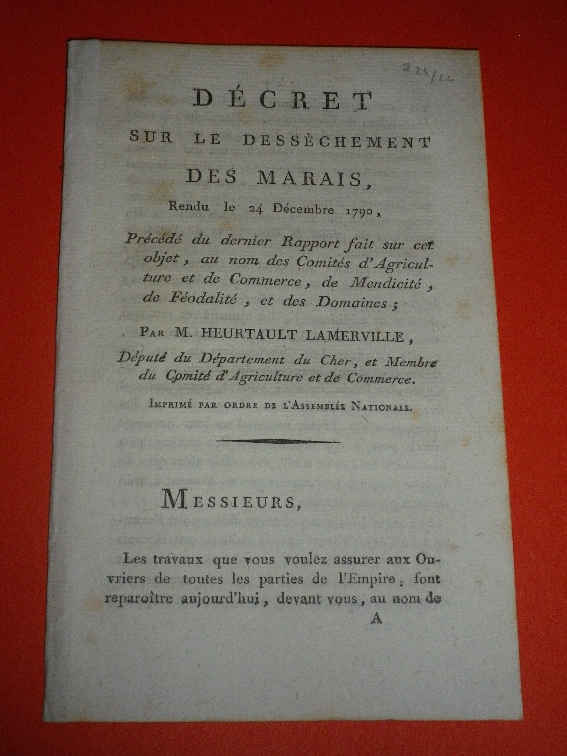 Décret sur le Dessèchement des Marais (24 Décembre 1790) — Heurtault-Lamerville du Cher | Révolution Française / Agriculture