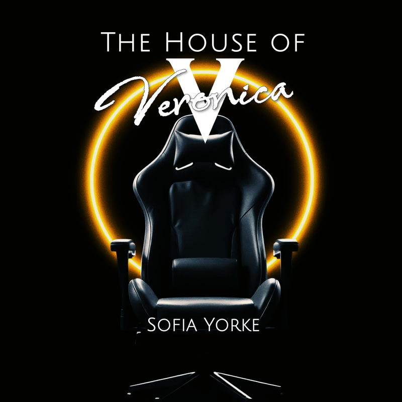 Book cover of The House of Veronica by Sofia Yorke, showing a black gaming chair outlined with an orange neon circle on a black background.