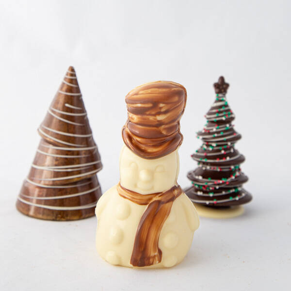 sneeuwman met 2 boompjes en pralines