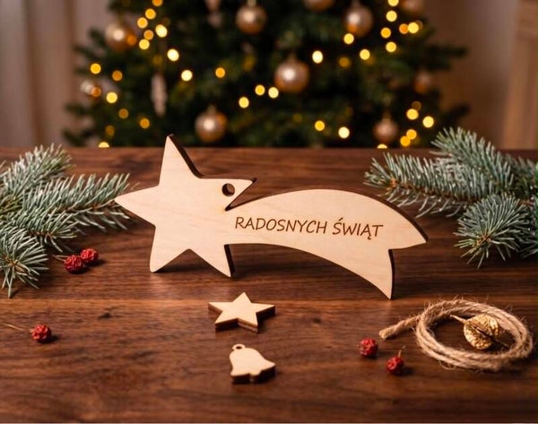 🌟 Drewniana Gwiazda Betlejemska z Grawerem "Radosnych Świąt" 🌟