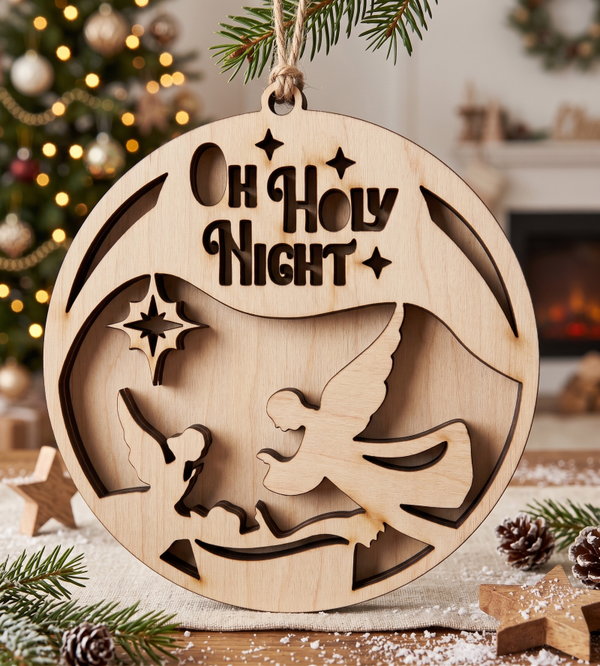 ✨ Drewniana Bombka Ażurowa – "Oh Holy Night" ze Świątecznym Aniołem 🎄