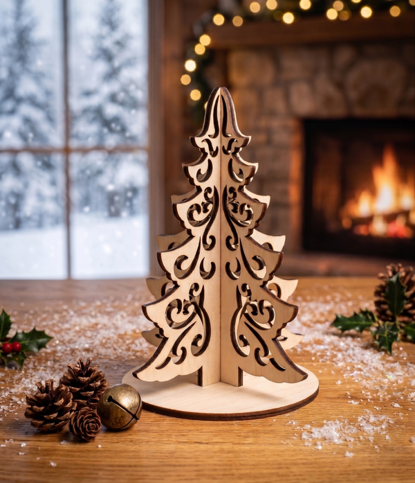 🎄 Przestrzenna Choinka Drewniana 3D – Zimowa Elegancja i Stylowe Zawijasy ❄️
