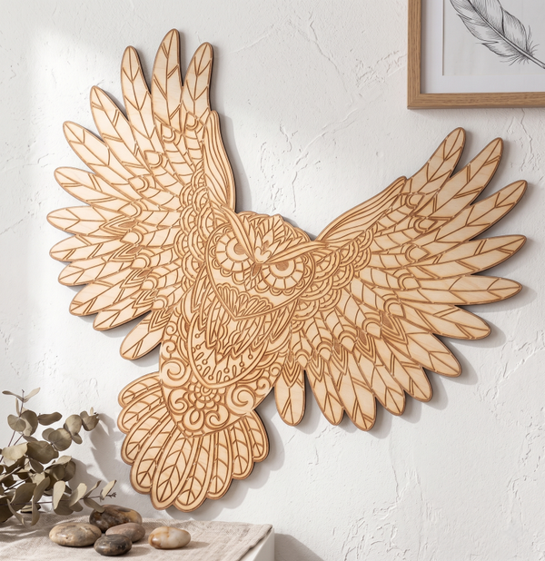 🦉 Drewniana Sowa w Locie – Ażurowa Dekoracja Ścienna w Stylu Boho 🌿
