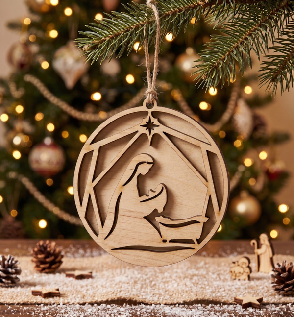 🌟 Drewniana Bombka Ażurowa – Minimalistyczna Szopka Betlejemska 🎄