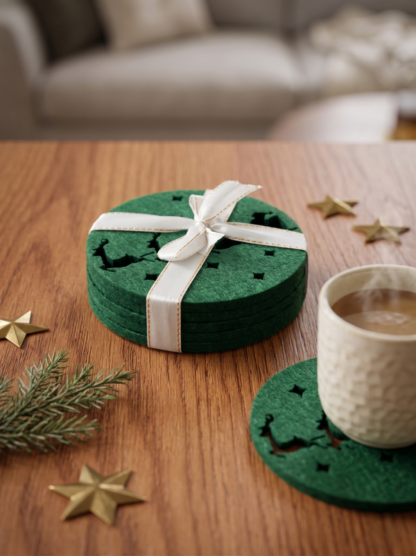 🦌 Zestaw Filcowych Podkładek Renifer – Zimowa Magia przy Gorącej Herbacie ☕ 6szt. Zielone