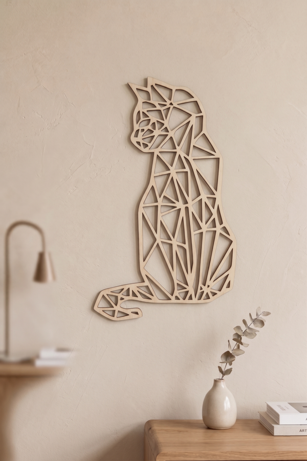 🐈 Drewniana Dekoracja Ścienna – Geometryczny Siedzący Kot 🌿