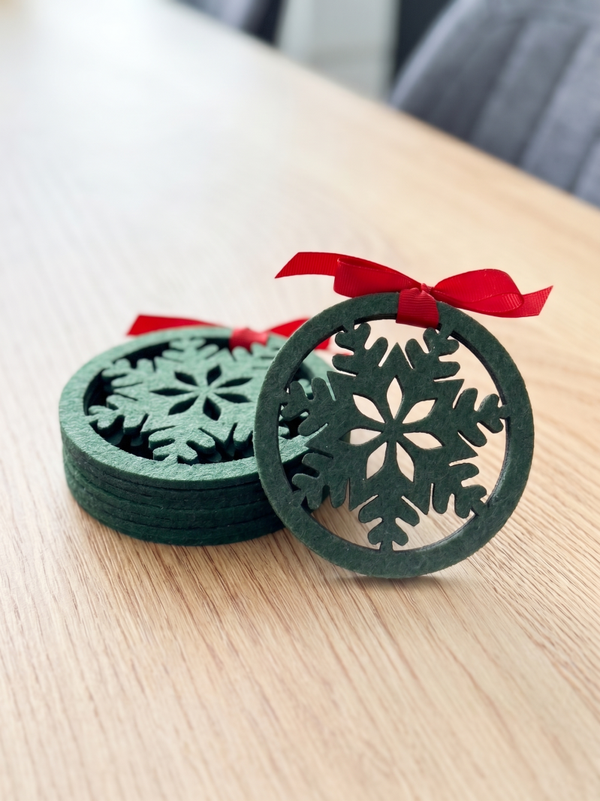 ❄️ Zestaw Filcowych Podkładek Śnieżynka – Zimowa Magia ☕ 6szt. Zielone