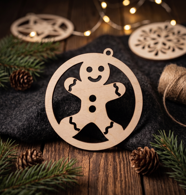 🍪 Drewniana Bombka Ażurowa – Uśmiechnięty Ludzik Piernikowy 🎄