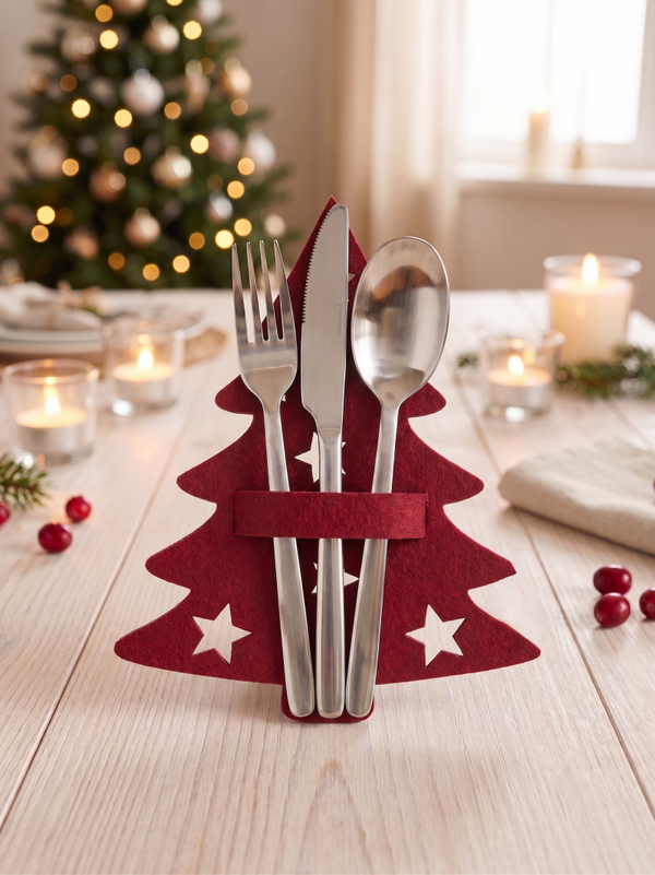 🎄 Filcowe Etui na Sztućce Choinka – Świąteczna Elegancja w Każdym Detalu 🍴6szt. Czerwone