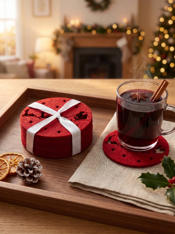 🦌 Zestaw Filcowych Podkładek Renifer – Zimowa Magia przy Gorącej Herbacie ☕6szt. Czerwone