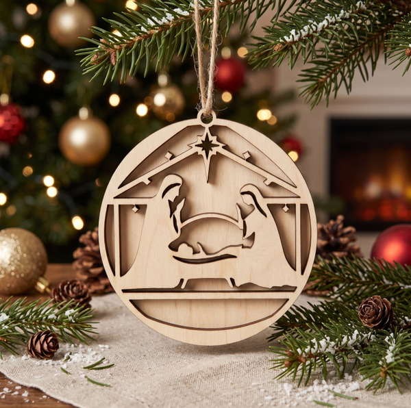 🌟 Drewniana Bombka Ażurowa – Klasyczna Szopka pod Gwiazdą 🎄
