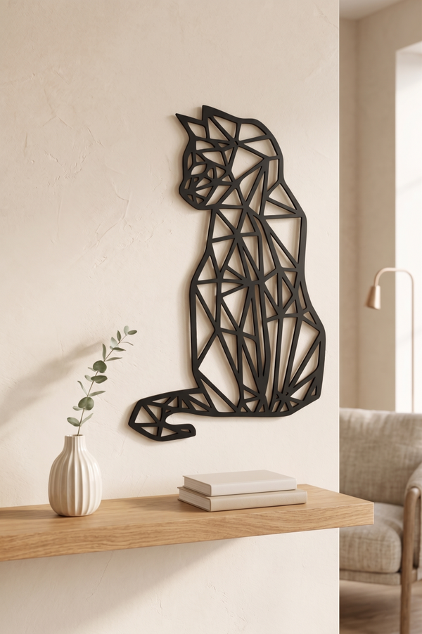 🐈 Geometryczna Dekoracja Ścienna – Czarny Siedzący Kot w Stylu Loft 🖤